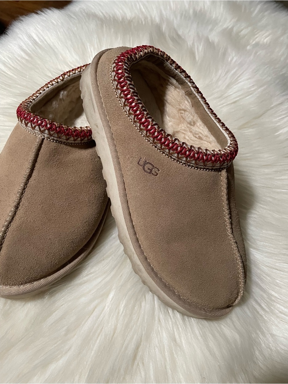 UGG Tan Suede Clog Mule with Red Trim